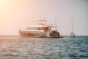 yacht on calm sea. Luxury cruise trip. View from above of white photo