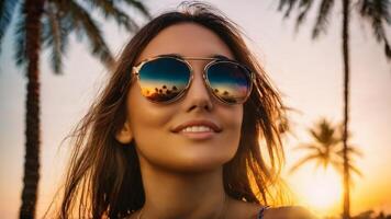 Joyful woman in bikini and pair of trendy sunglasses taking selfie with dramatic sunset photo