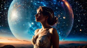 Cosmic Reverie A model lost in a cosmic reverie her lingerie a galaxy of dreams photo