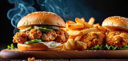 Chicken burger on wooden table with smoke on dark background. Fried crispy chicken culinary presentation photo