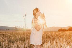 Woman wheat field. Agronomist, Woman farmer check golden ripe barley spikes in cultivated field. A woman is holding a bunch of wheat in her arms. photo