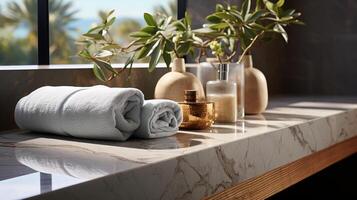 Spa stones and towel roll on white marble table decoration photo