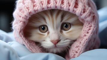 Baby cat wearing knitted hat funny kitten playful little paw photo