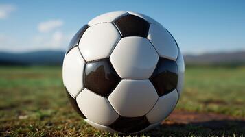 Foot ball rounded with white and black on grass field photo