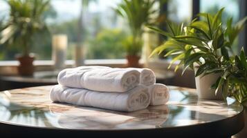 Spa stones and towel roll on white marble table decoration photo