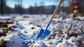 Land soil covered by ice snow on winter fall photo