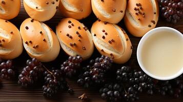 Bun bread with raisin baked crusty bread pastry photo