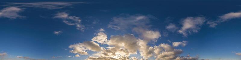 Dark blue sunset sky panorama with Cumulus clouds. Seamless hdr pano in spherical equirectangular format. Complete zenith for 3D visualization, game and sky replacement for aerial drone 360 panoramas. photo