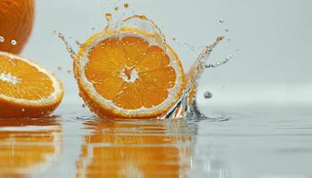 Orange slices in water smooth surface. Bright upright on wet surface photo