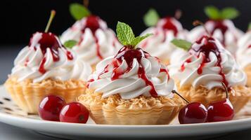 Cherry mini pie with vanilla cream topping photo