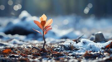 Sprout plant covered by snow on winter season photo