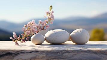 Beautiful composition with flower spa stones on white marble table photo