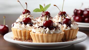 Cherry mini pie with vanilla cream topping photo