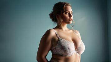 Plus size model confidently showcasing lingerie and hosiery in a body positive advertisement Her pose photo