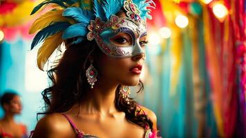 carnaval tema con Hispano modelo en brillantemente de colores plumado lencería festivo y vibrante carnaval atmósfera foto