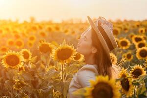 Woman in Sunflower Field. Happy girl in a straw hat posing in a vast field of sunflowers at sunset, enjoy taking picture outdoors for memories. Summer time. photo