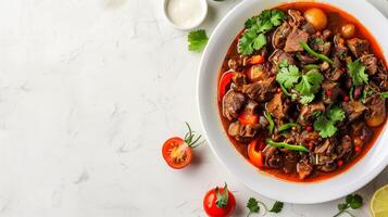 Menudo Mexican food with cow intestines and corn traditional soup photo