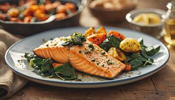 Salmon steak, spinach, lemon. Grilled salmon steak with grill marks, served with fresh spinach and lemon slices, steam rising. photo