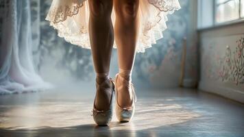 Graceful ballerina model in lace bodysuit poised en pointe soft tulle skirt ballet themed artistic photo