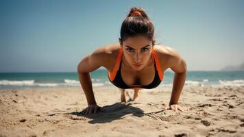 Middle Eastern model in an orange and black bikini doing push ups on the beach photo