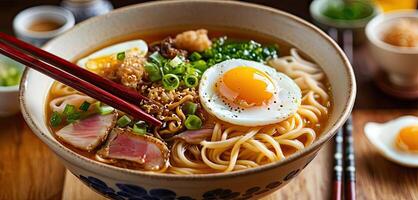 Japanese ramen, chopsticks, egg in bowl, traditional cuisine served, noodles, meat in close-up view, hot soup filled with toppings, photo