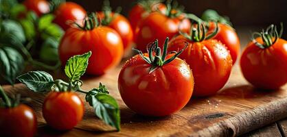 rojo Tomates en rústico de madera mesa, agua gotas sugerir de la granja a la mesa frescura de orgánico Produce foto