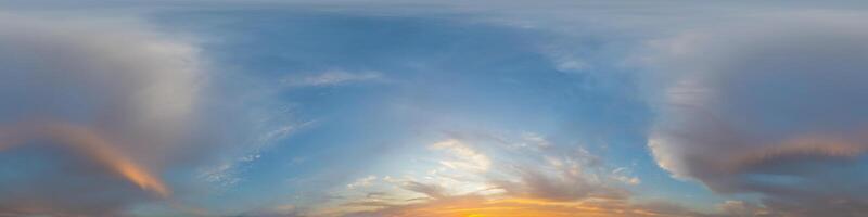 Panorama of a dark blue sunset sky with golden Cumulus clouds. Seamless hdr 360 panorama in spherical equiangular format. Full zenith for 3D visualization, sky replacement for aerial drone panoramas. photo