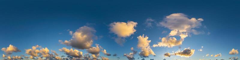 Dark blue sunset sky panorama with Cumulus clouds. Seamless hdr pano in spherical equirectangular format. Complete zenith for 3D visualization, game and sky replacement for aerial drone 360 panoramas. photo