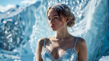 Model in icy lingerie with crystal accents glacier inspired backdrop cool tones frosty elegance photo