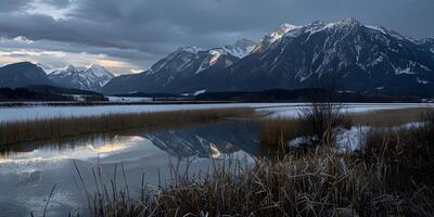 Sunset Reflections Mountains and Lake photo