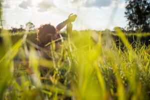 Fashion shot of a beautiful boho style girl on nature background. Boho, hippie. photo