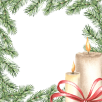 tall träd gren med ljus. jul ram årgång. gran kvist med grön nålar. hand dragen vattenfärg illustration traditionell vinter- bakgrund. isolerat mall för kort, ny år, skriva ut. png