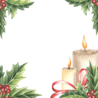 Natale telaio Vintage ▾ candela ardente agrifoglio con verde le foglie e rosso frutti di bosco. mano disegnato acquerello illustrazione tradizionale inverno vacanza design. isolato modello per carta, invito, nuovo anno. png