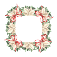 kerstster bloemen met zijde bogen. Kerstmis kader vierkant, vintage. hand- getrokken waterverf illustratie traditioneel planten voor winter achtergrond. geïsoleerd sjabloon voor kaart, uitnodiging, nieuw jaar, afdrukken png