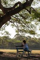 Girl sitting on a bench under a big tree photo