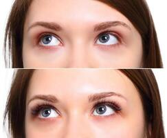 Eyelash Extension. Comparison of female eyes before and after. photo