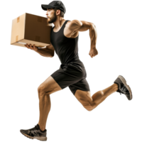 Running athlete carrying shipping box, transparent background png