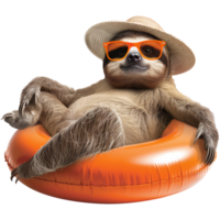 Sloth relaxing on a pool float, while wearing orange sunglasses and beach hat, transparent background png