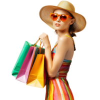 Young woman in sunglasses and summer hat carrying shopping bags, transparent background png