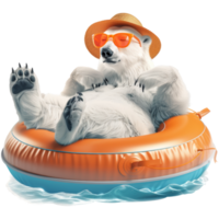 A polar bear is relaxing on a pool float, while wearing orange sunglasses and a beach hat, transparent background png