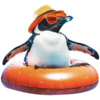 Penguin relaxing on a pool float, while wearing orange sunglasses and beach hat, transparent background png