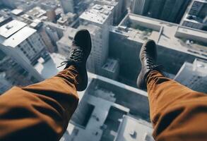 Person's legs dangling over the edge of a high-rise building with a cityscape below photo