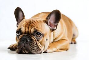 Close-up of a French Bulldog with a fawn coat lying down on a white floor photo