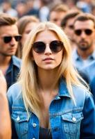 Caucasian female, around 25 years old, with long blonde hair, wearing round sunglasses and a denim jacket, touching her chin with her hand, with a crowd in the background photo