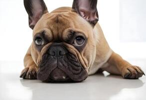 Close-up of a French Bulldog with a fawn coat lying down on a white floor photo