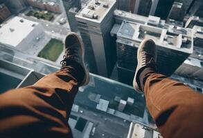 Person's legs dangling over the edge of a high-rise building with a cityscape below photo