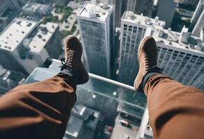 Person's legs dangling over the edge of a high-rise building with a cityscape below photo