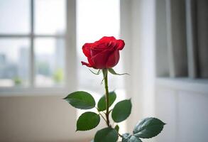 de cerca de un rojo Rosa con verde hojas, en contra un fuera de foco antecedentes de un habitación con grande ventanas foto