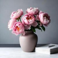 Pink peonies in a gray vase on a white table with papers and a gray wall in the background photo