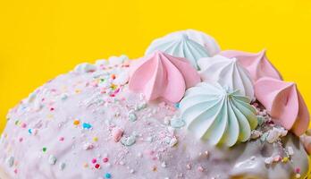 Traditional Easter cakes with meringue on yellow background photo